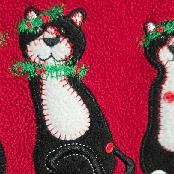 Vtg C.D. Sport Fleece Embroidered Christmas Cat With Mouse Sweatshirt Woman Sz L - Picture 8 of 13